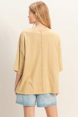 Beige Washed Oversized Crew Neck Top