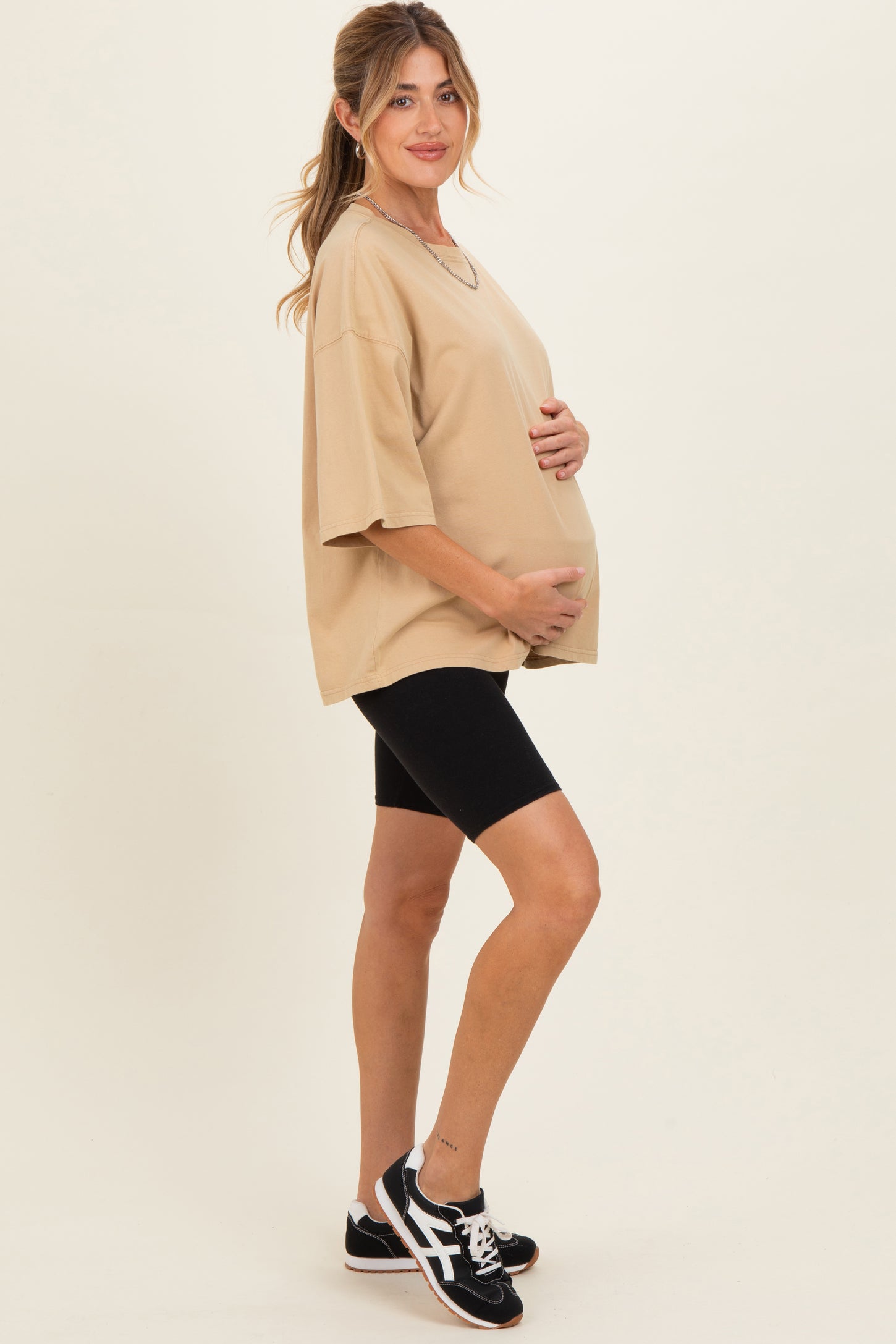 Beige Washed Oversized Crew Neck Maternity Top
