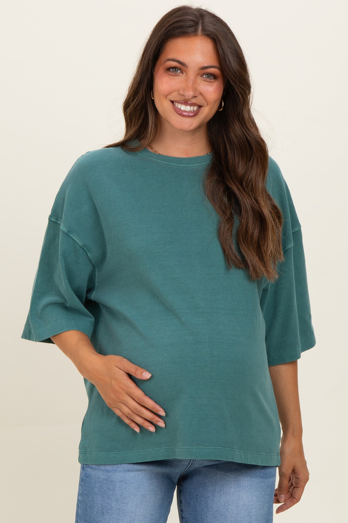 Dark Teal Pigment Oversized Half-Sleeve Maternity T-Shirt
