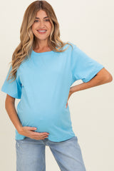 Blue Oversized Short Sleeve Crew Neck Maternity T-Shirt