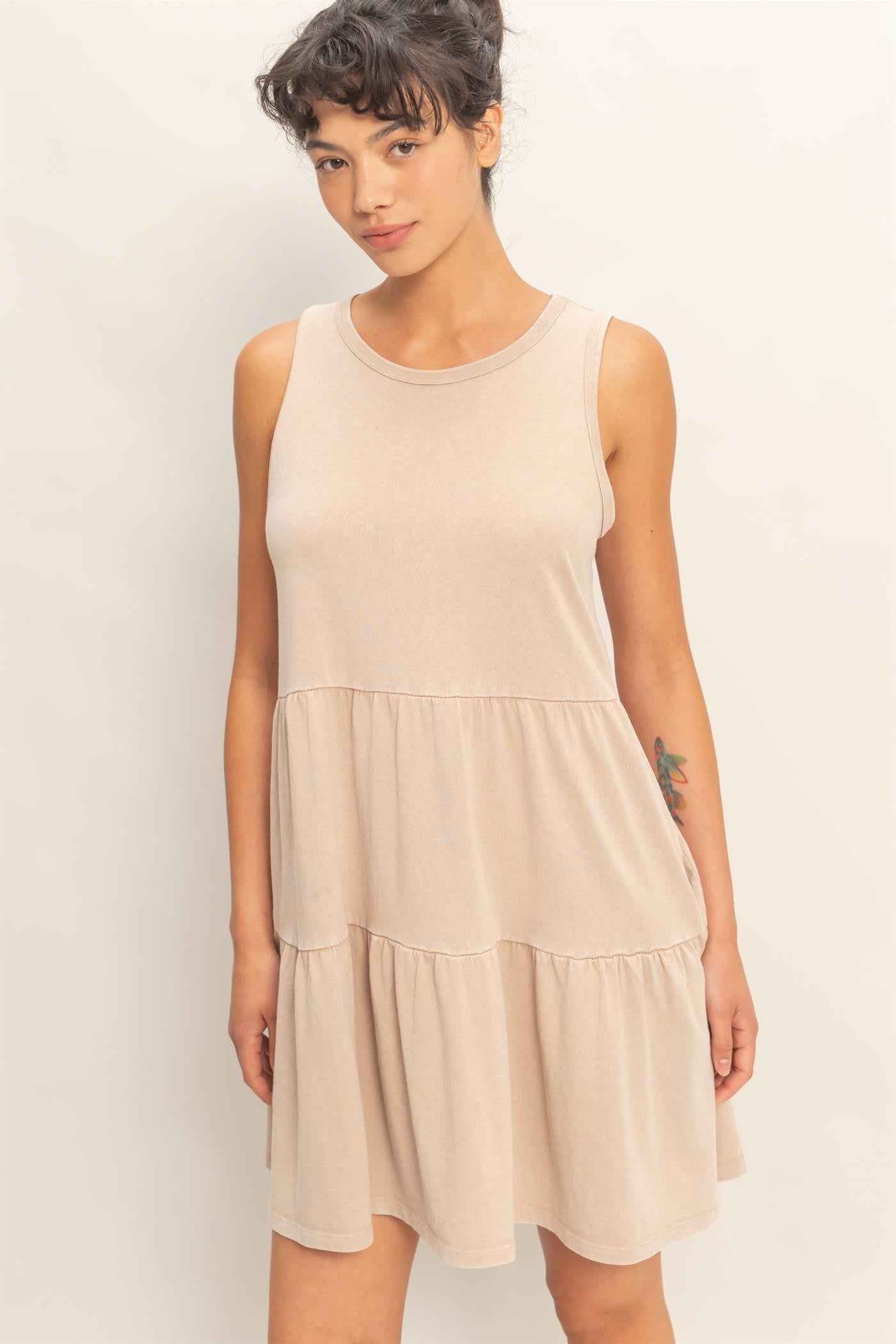 Dark Taupe Sleeveless Crewneck Tiered Mini Dress