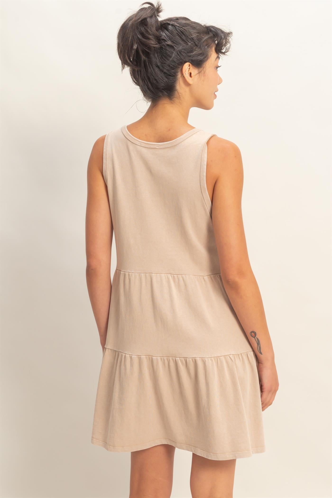 Dark Taupe Sleeveless Crewneck Tiered Mini Dress