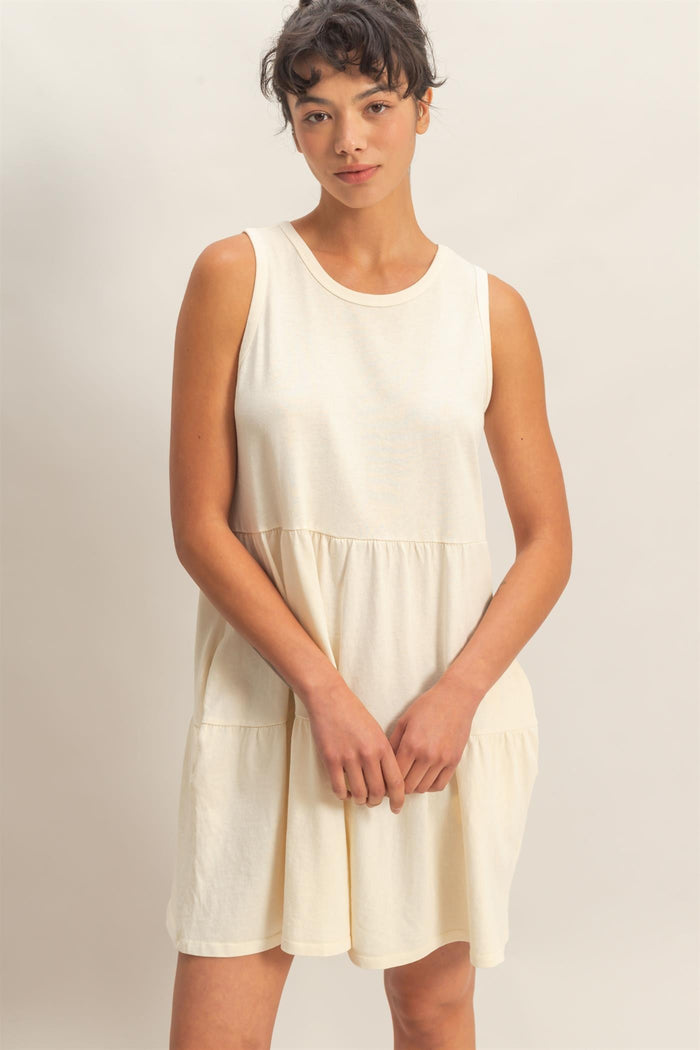 Cream Sleeveless Crewneck Tiered Maternity Mini Dress