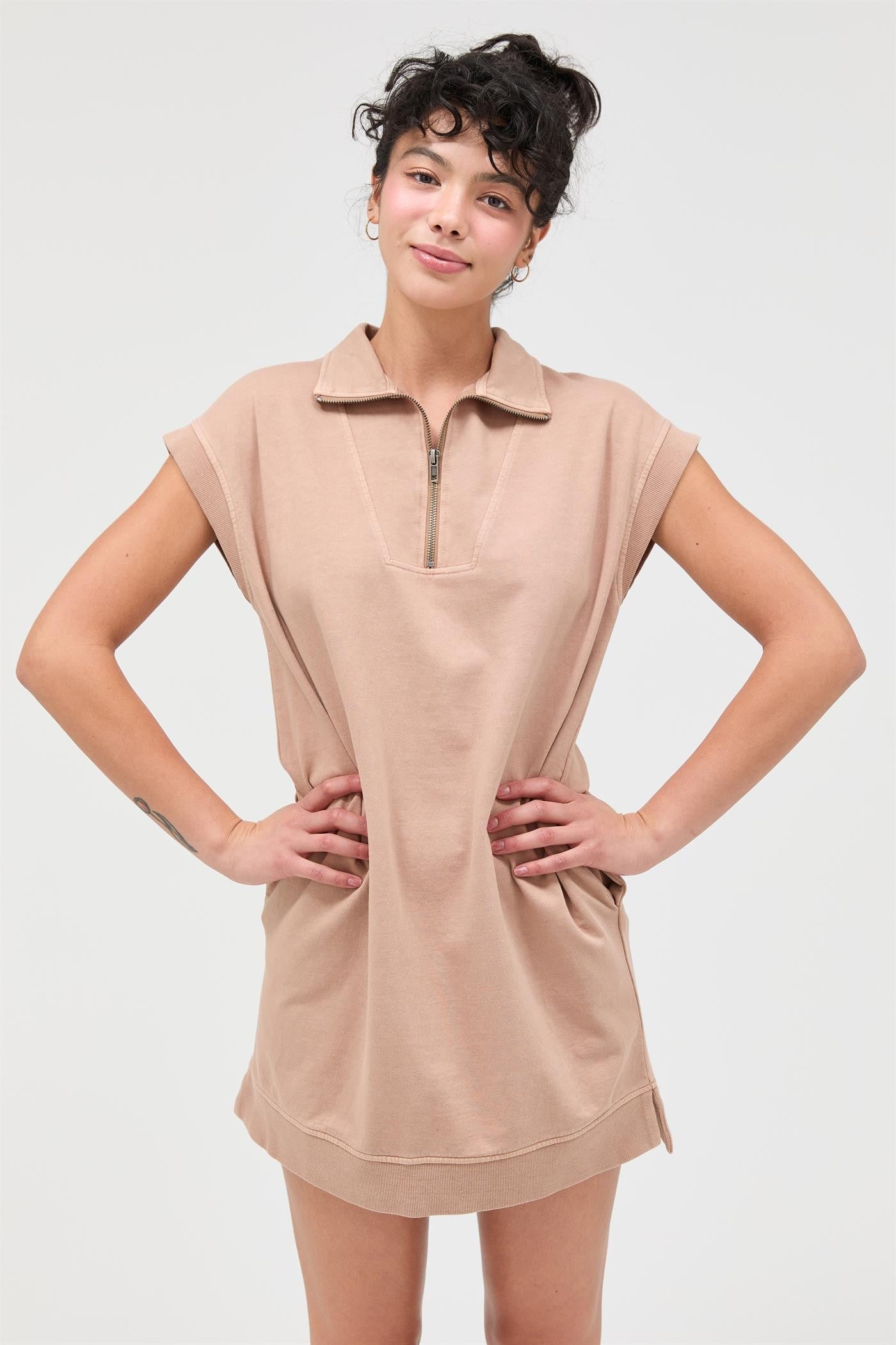 Taupe Half Zip Up Mock Neck Mini Dress – PinkBlush