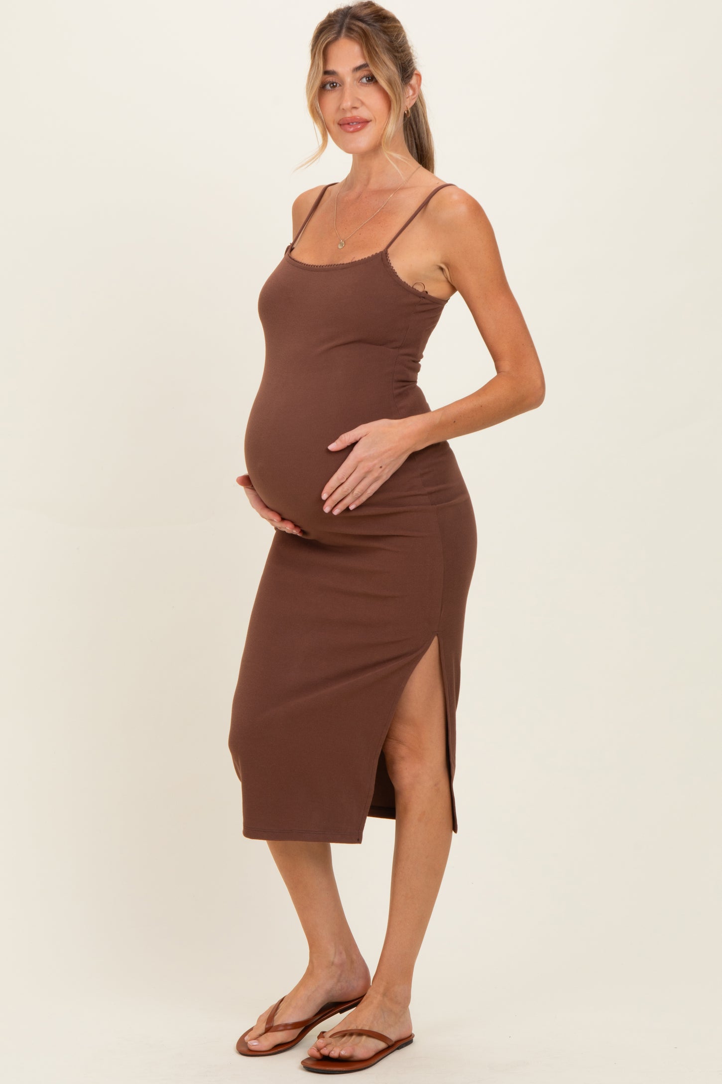 Chocolate Side Slit Fitted Maternity Tank Dress Chocolate Side Slit Fitted Maternity Tank Dress