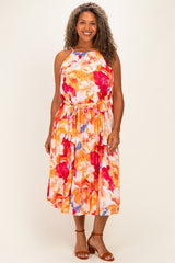 Coral Floral Pleated Plus Midi Dress