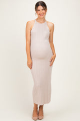 Sand Halter Ribbed Knit Maternity Maxi Dress
