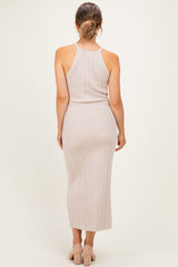 Sand Halter Ribbed Knit Maternity Maxi Dress