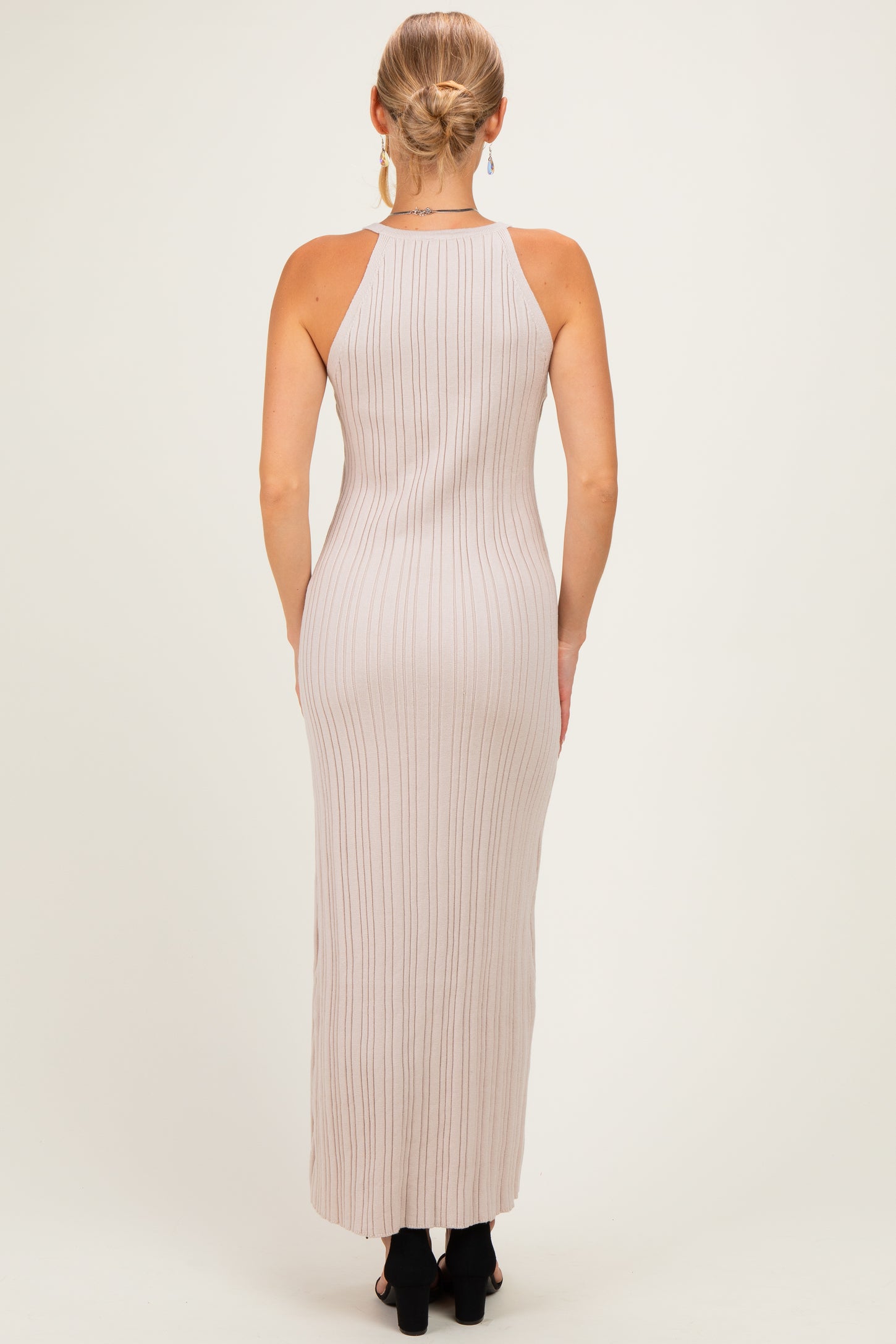 Sand Halter Ribbed Knit Maxi Dress