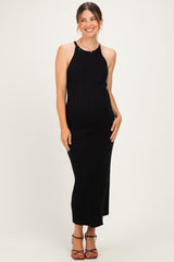 Black Halter Ribbed Knit Maternity Maxi Dress