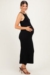 Black Halter Ribbed Knit Maternity Maxi Dress