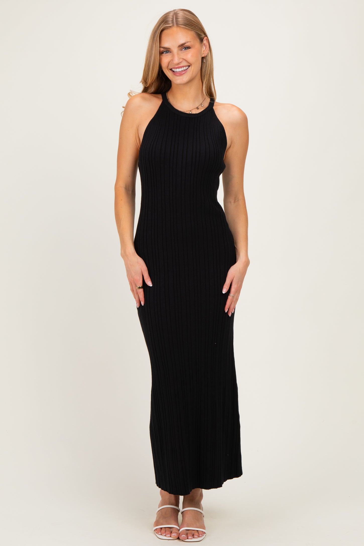 Black Halter Ribbed Knit Maxi Dress