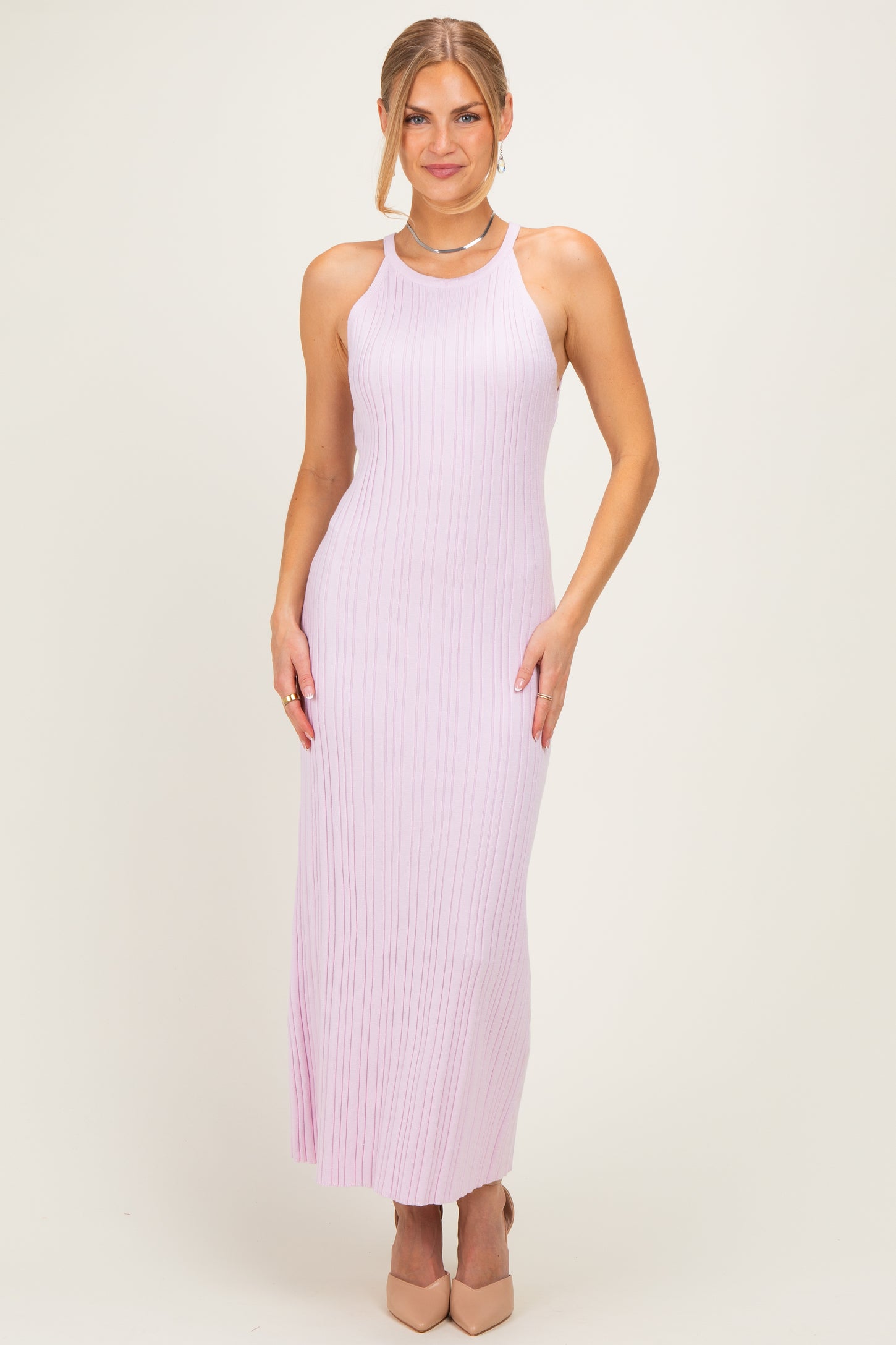 light pink halter dress Arella Coquette Satin Mini bow back This Love Halter Mini Dress
