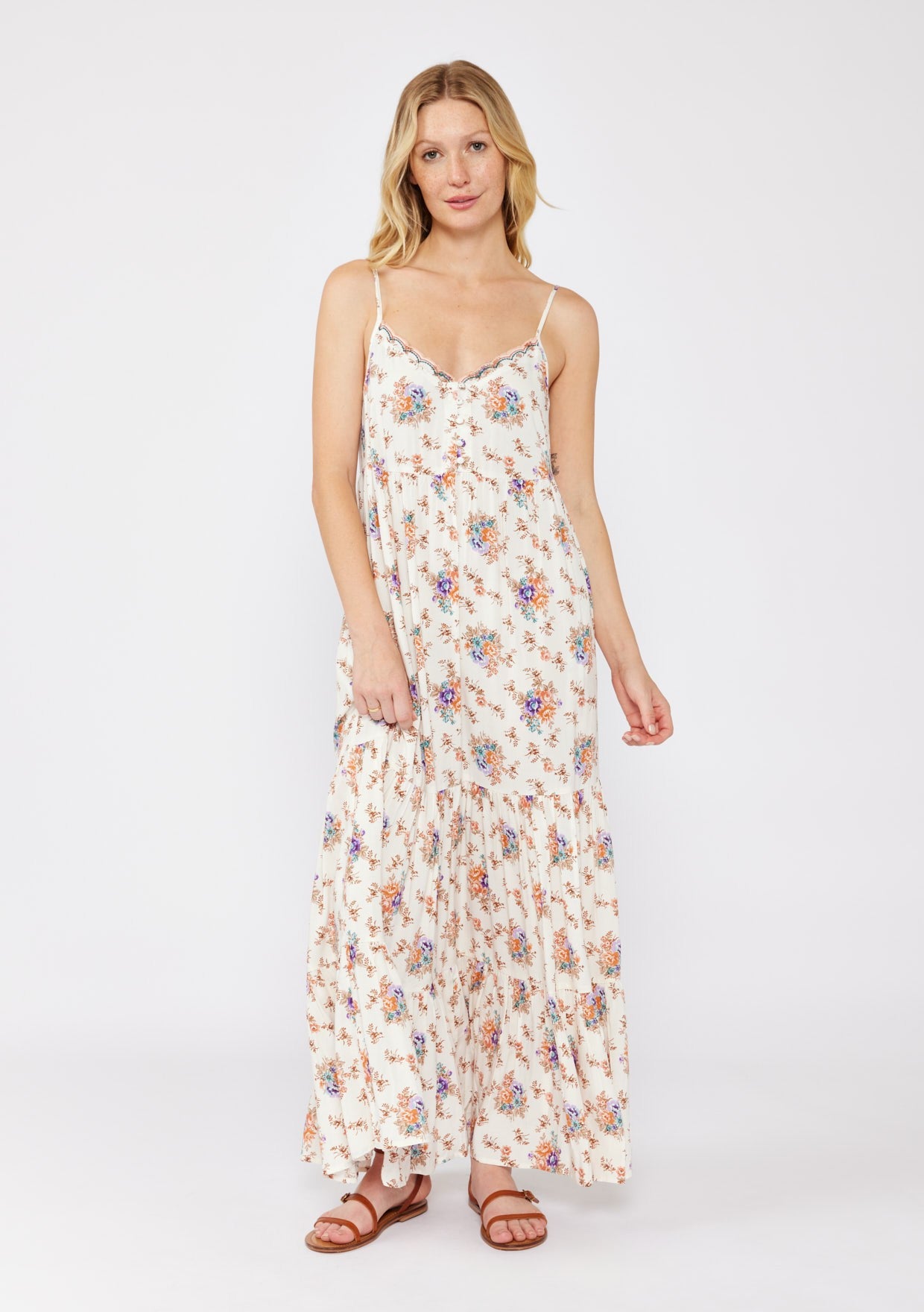 maxi button up dress Natural Floral Tiered Button Up Maxi Dress