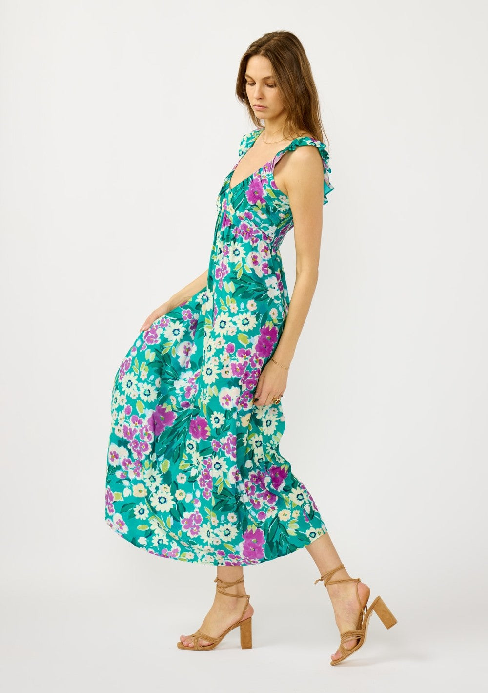 Teal Floral V-Neck Ruffle Strap Maxi Dress