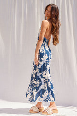 Navy Halter Neck Open Back Midi Dress