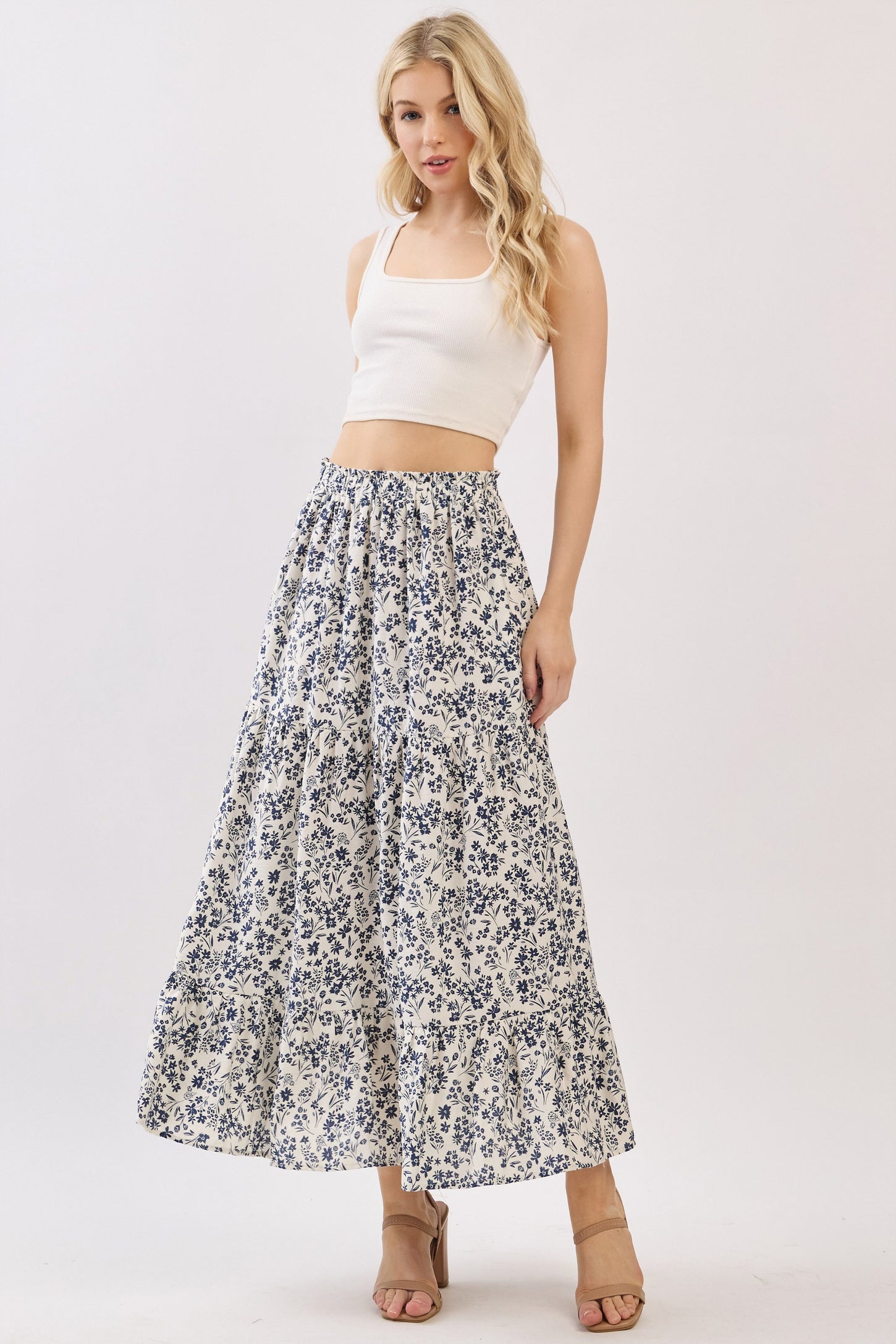 Cream Tiered Floral Print Maxi Skirt