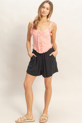 Black Drawstring Pleated Maternity Shorts