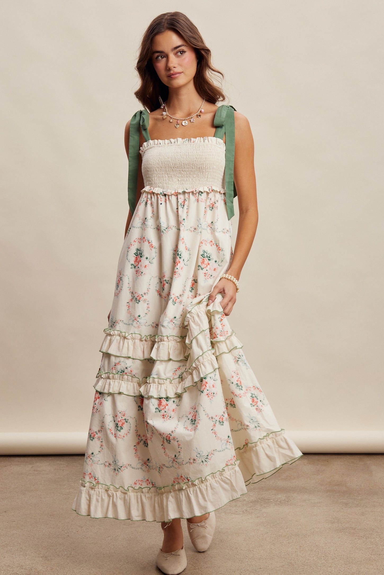 Ivory Floral Smocked Shoulder Tie Tiered Maternity Maxi Dress – PinkBlush