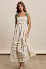 Ivory Floral Smocked Shoulder Tie Tiered Maternity Maxi Dress