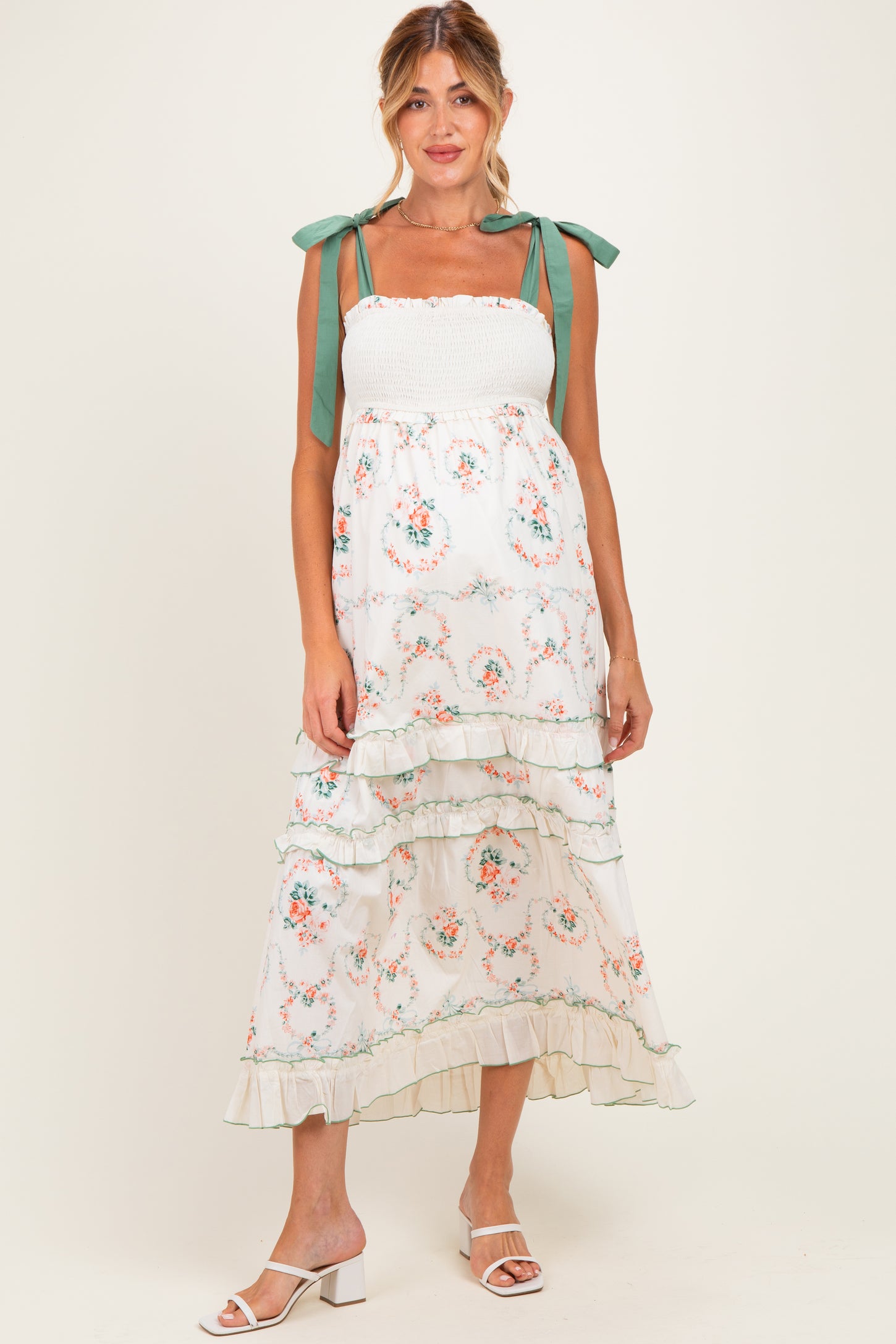 Ivory Floral Smocked Shoulder Tie Tiered Maternity Maxi Dress