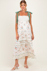 Ivory Floral Smocked Shoulder Tie Tiered Maternity Maxi Dress