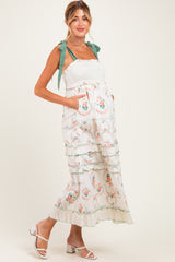 Ivory Floral Smocked Shoulder Tie Tiered Maternity Maxi Dress