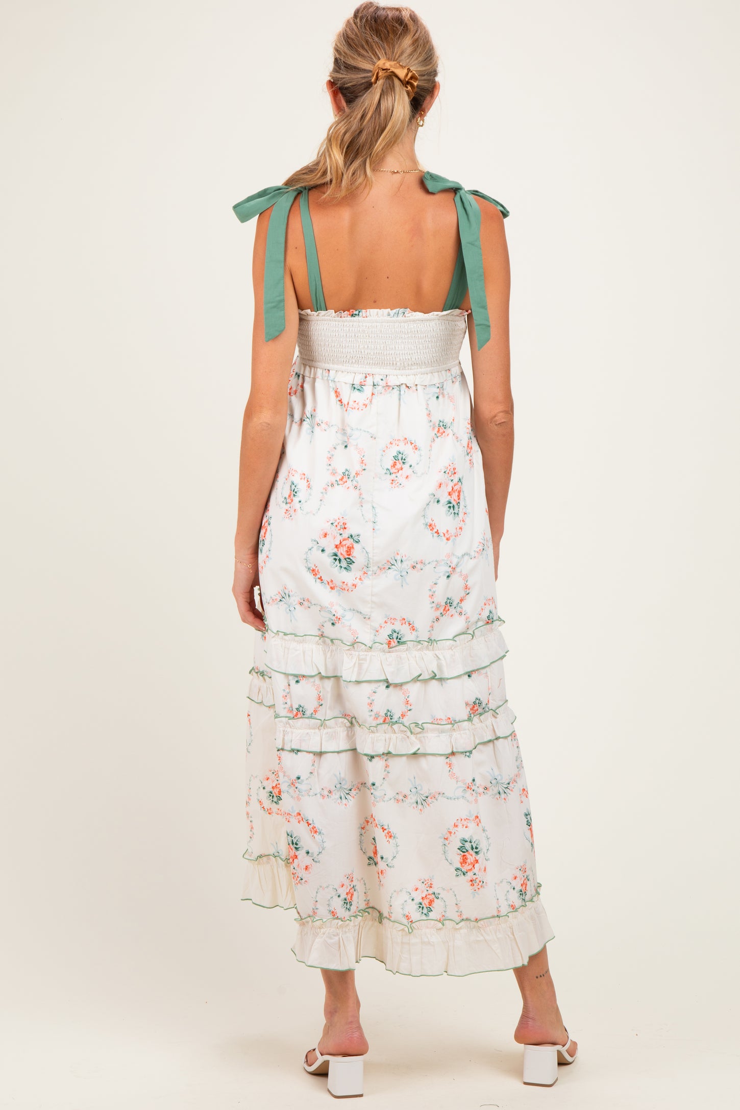 Ivory Floral Smocked Shoulder Tie Tiered Maternity Maxi Dress