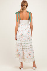 Ivory Floral Smocked Shoulder Tie Tiered Maternity Maxi Dress