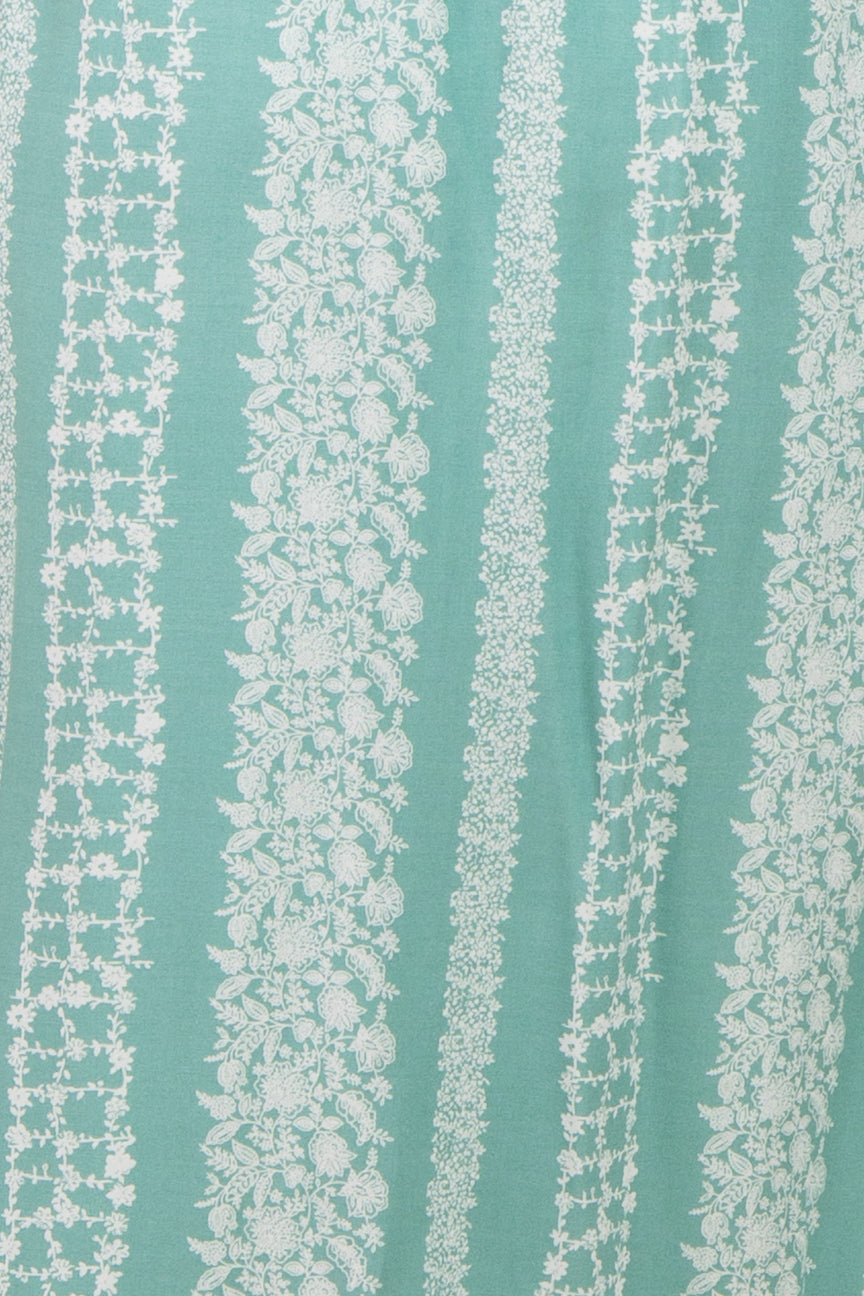 maternity wear in a turquoise fabric with white floral and stripe patterns