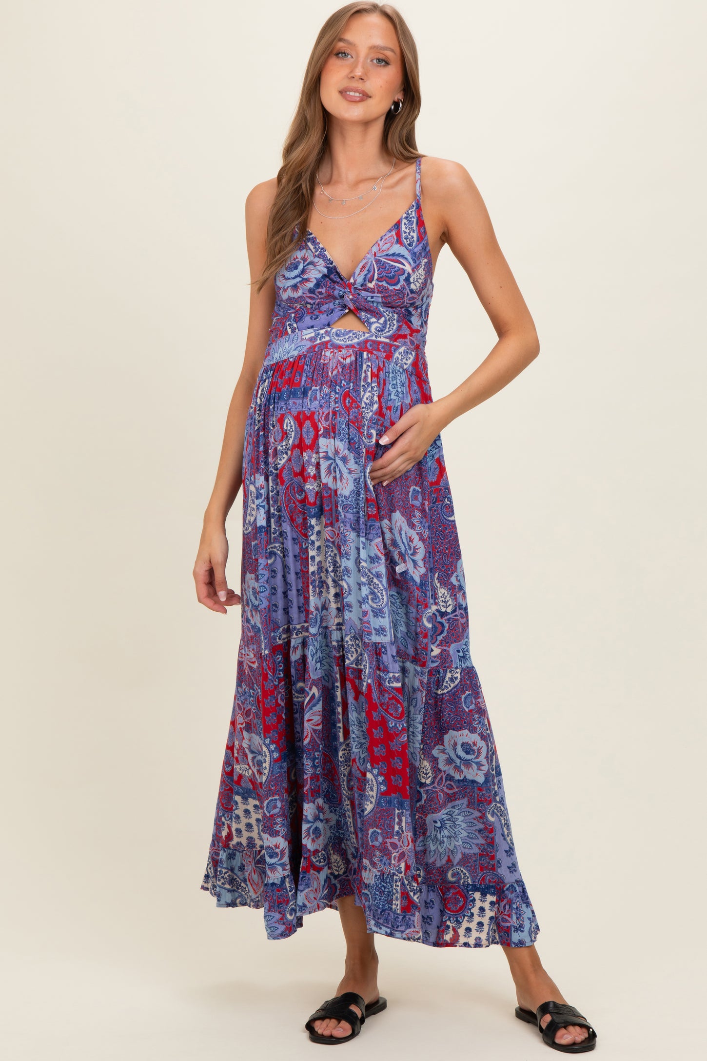 Navy Red V-Neck Twist Front Cut Out Maternity Maxi Dress – PinkBlush