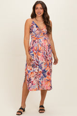 Pink Tropical Floral Twisted Front Cutout Maternity Midi Dress
