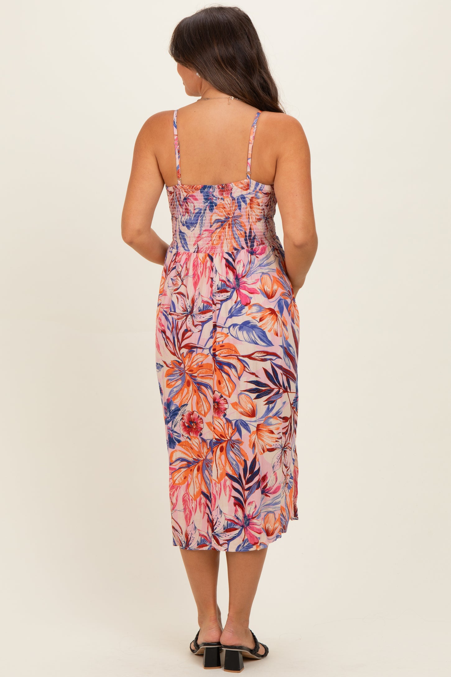 Pink Tropical Floral Twisted Front Cutout Maternity Midi Dress
