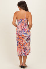 Pink Tropical Floral Twisted Front Cutout Maternity Midi Dress