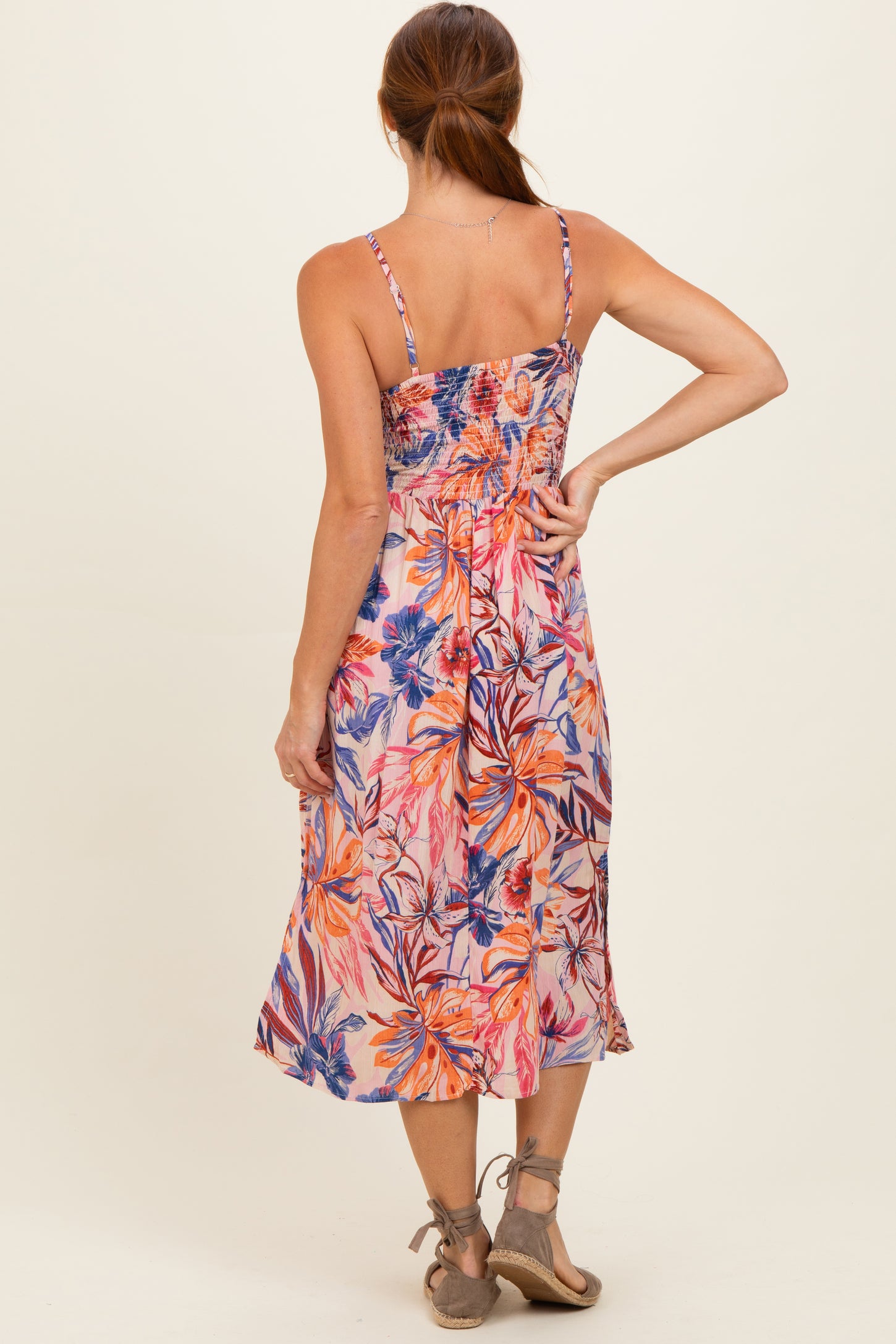tropical floral midi dress Pink Tropical Floral Twisted Front Cutout Midi Dress