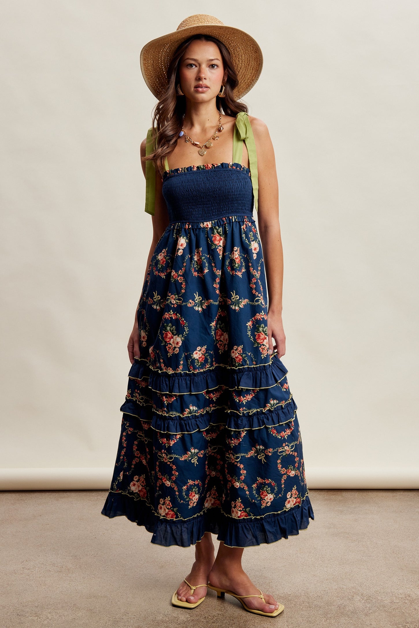 Navy Floral Smocked Shoulder Tie Tiered Maternity Maxi Dress – PinkBlush