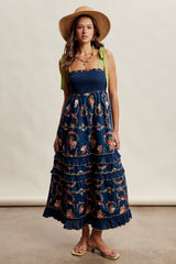 Navy Floral Smocked Shoulder Tie Tiered Maternity Maxi Dress