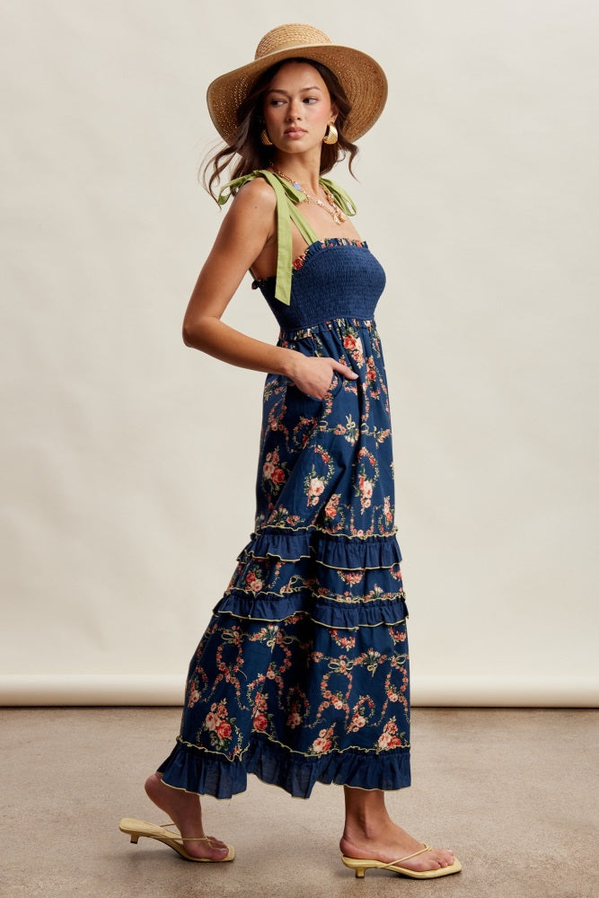 Navy Floral Smocked Shoulder Tie Tiered Maxi Dress