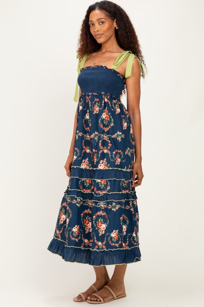 Navy Floral Smocked Shoulder Tie Tiered Maxi Dress