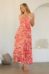 Coral Printed Halter Neck Keyhole Maternity Maxi Dress