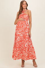 Coral Printed Halter Neck Keyhole Maternity Maxi Dress