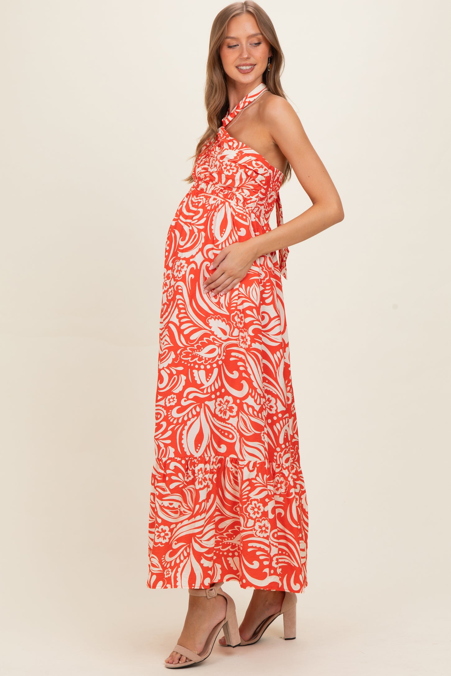 Coral Printed Halter Neck Keyhole Maternity Maxi Dress