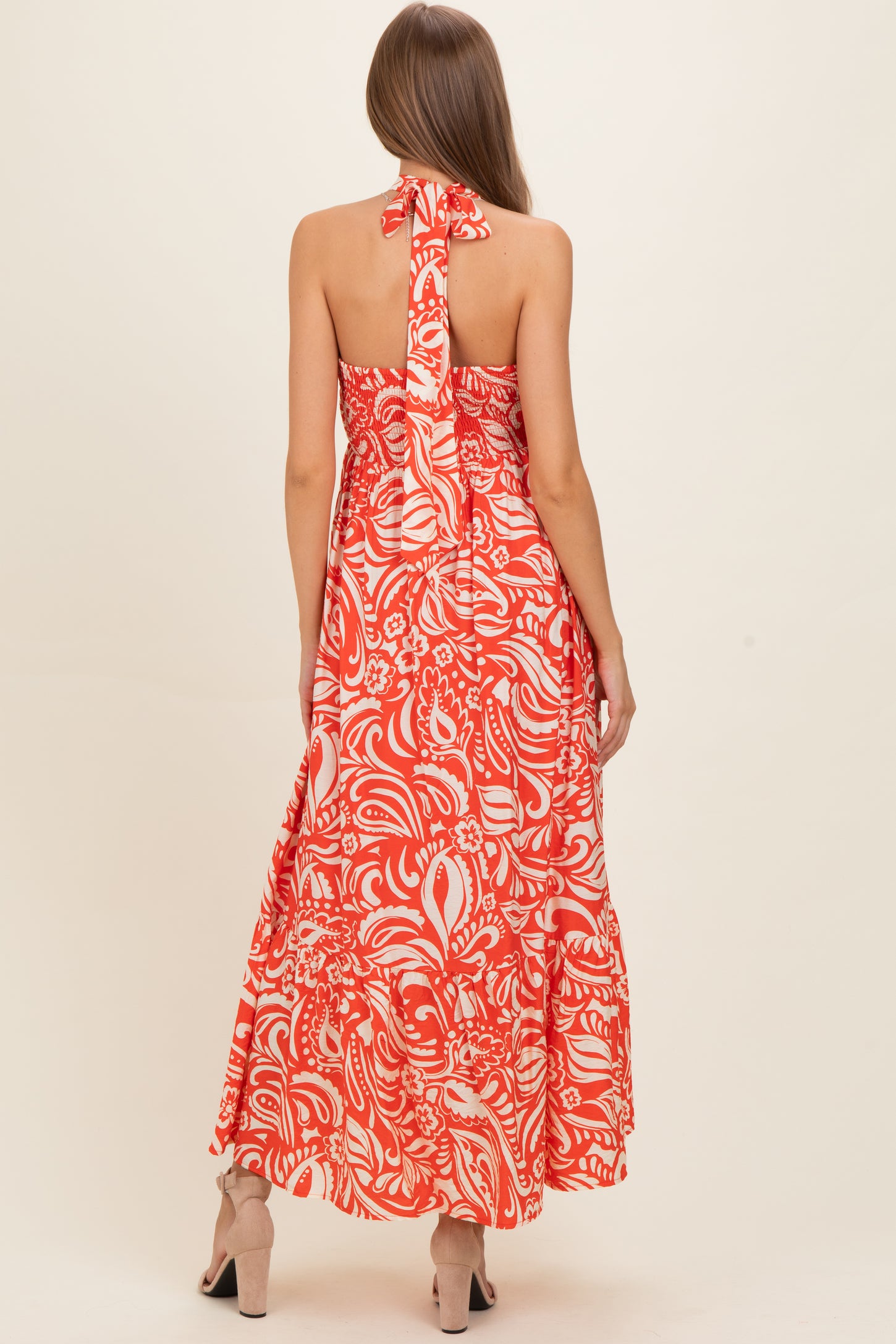 Coral Printed Halter Neck Keyhole Maternity Maxi Dress