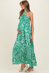 Green Printed Halter Neck Keyhole Maternity Maxi Dress