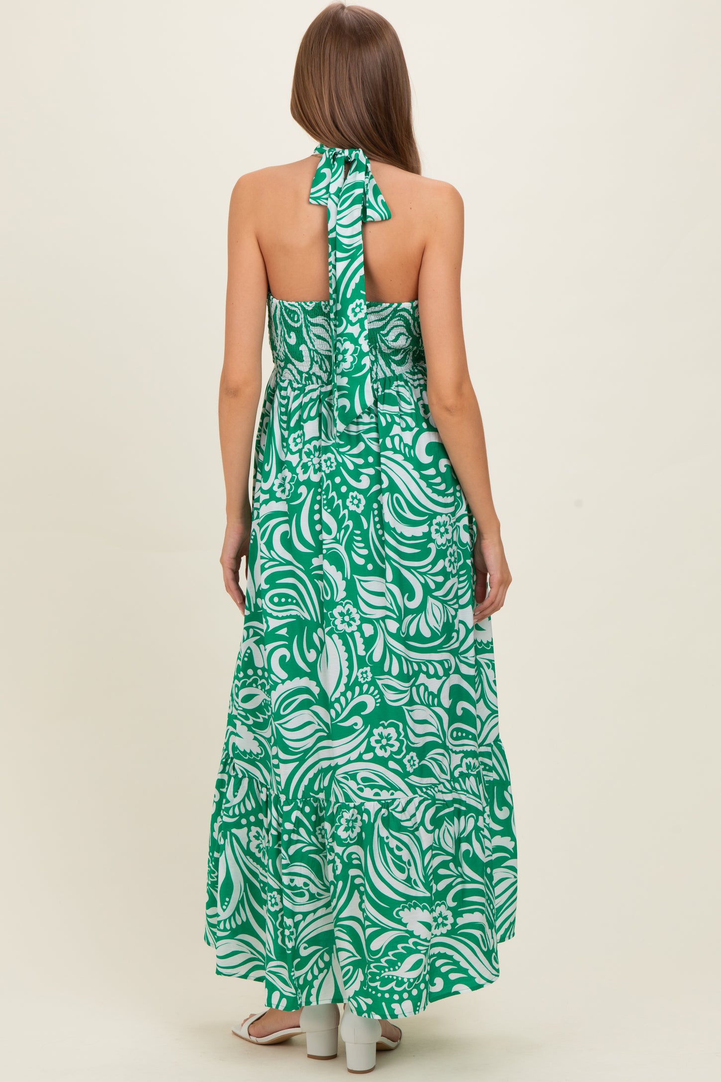 Green Printed Halter Neck Keyhole Maternity Maxi Dress