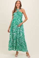 Green Printed Halter Neck Keyhole Maternity Maxi Dress