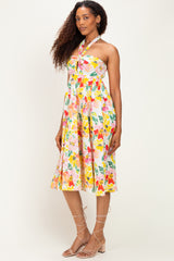 Ivory Floral Keyhole Halter Midi Dress