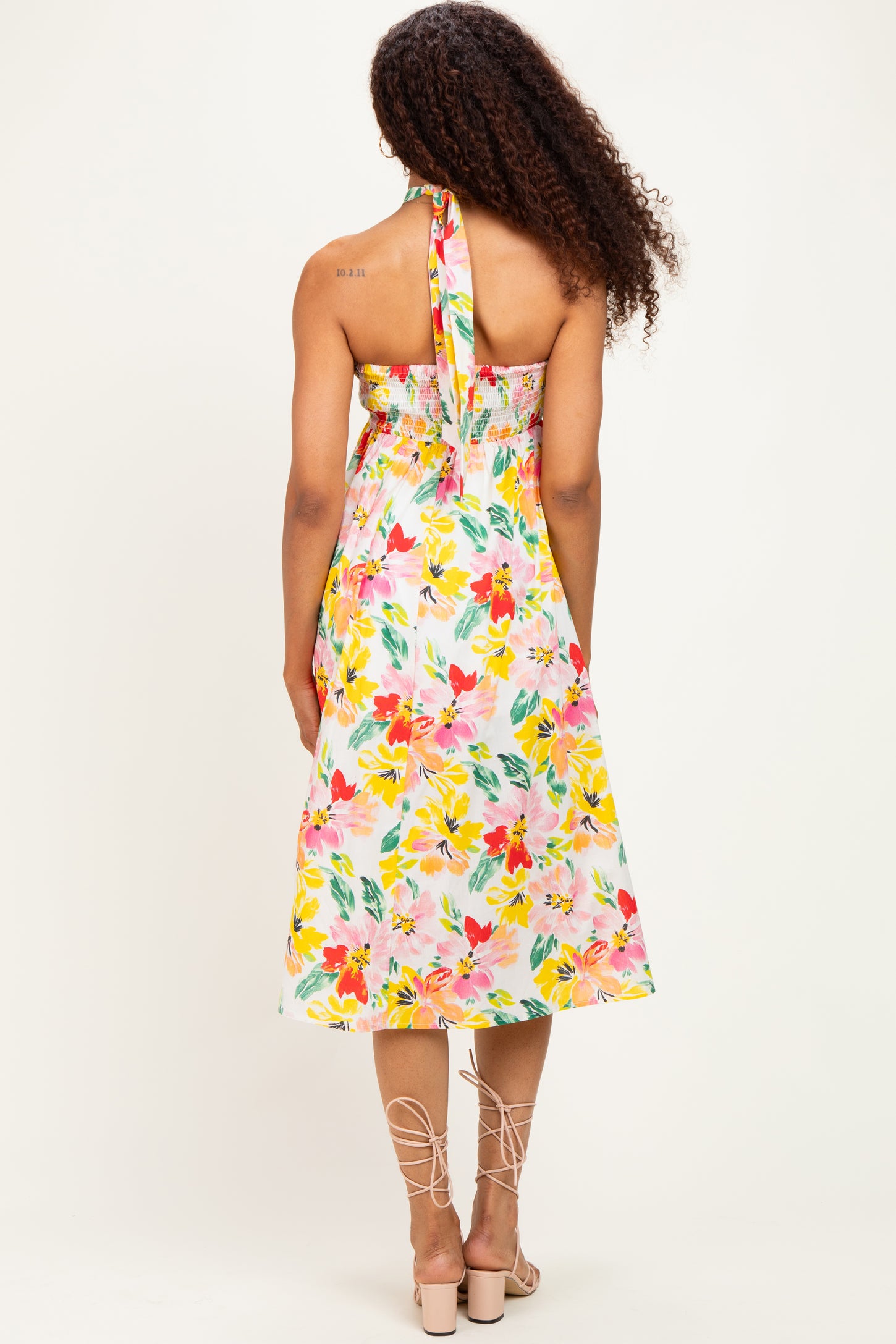 Ivory Floral Keyhole Halter Midi Dress