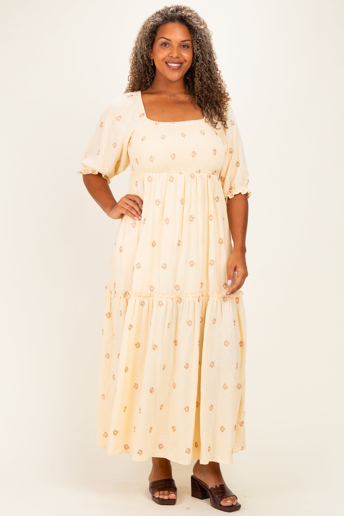 Beige Floral Embroidered Smocked Maxi Dress – PinkBlush