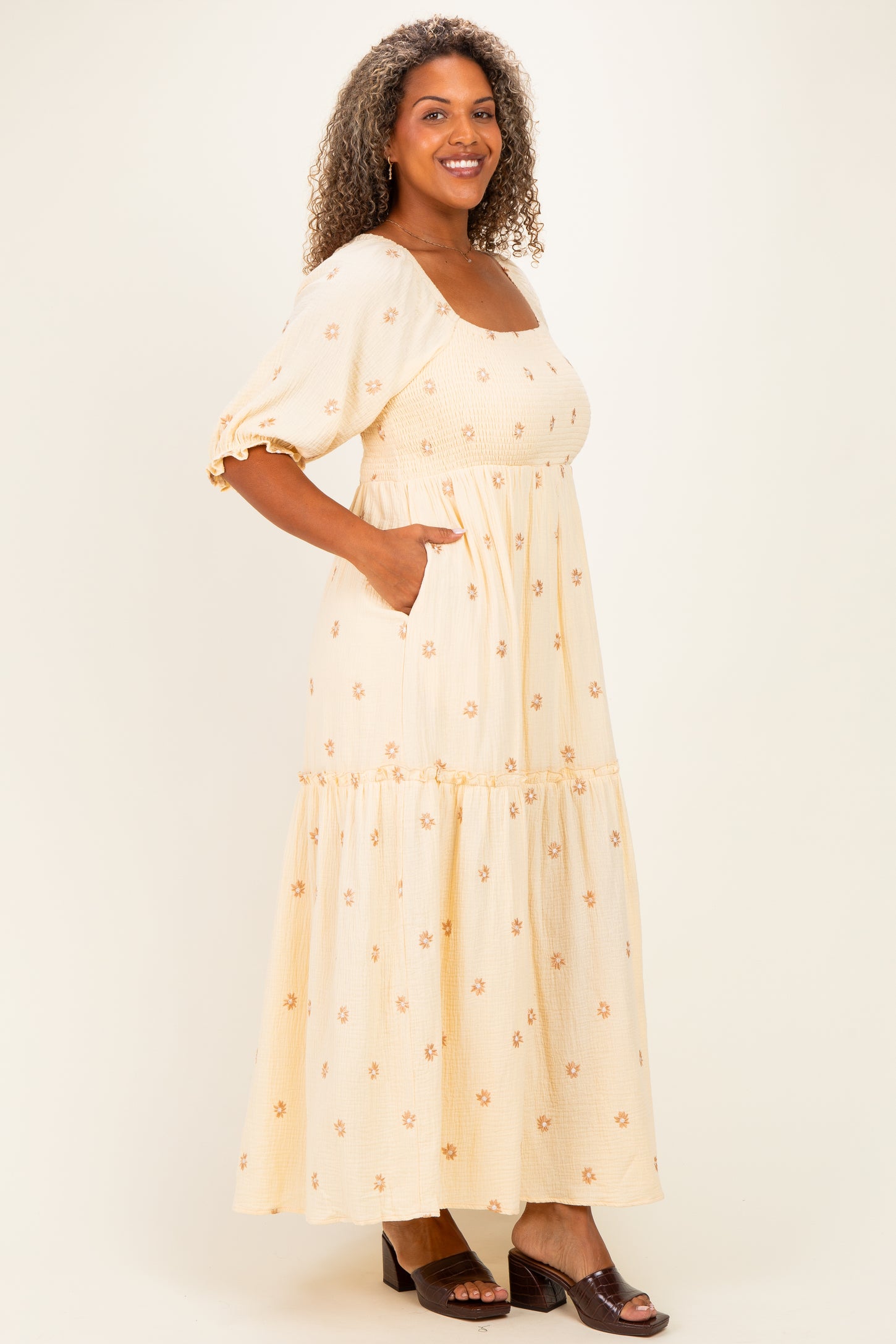 Beige Floral Embroidered Smocked Maxi Dress – PinkBlush